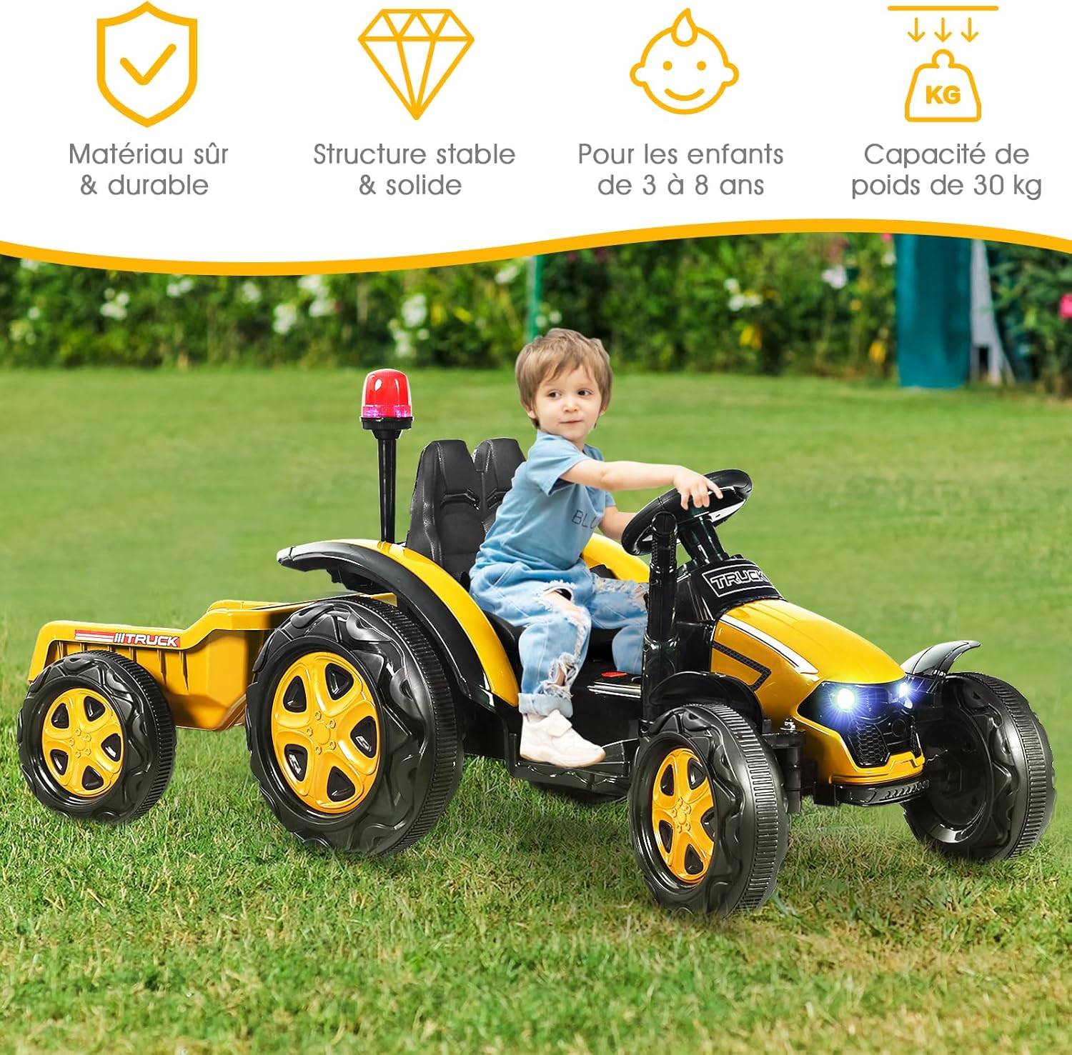 Tracteur Electrique 12V 7AH avec Remorque et Télécommande 2.4G(Jaune) - Image 1