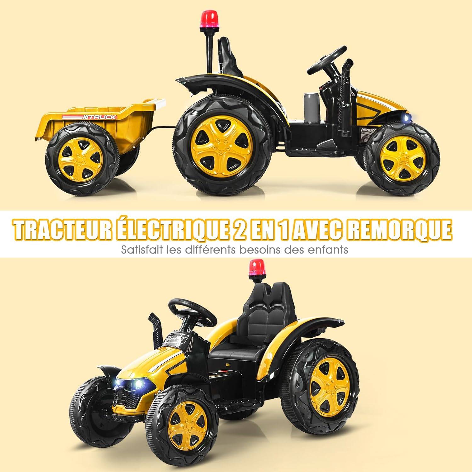 Tracteur Electrique 12V 7AH avec Remorque et Télécommande 2.4G(Jaune) - Image 2