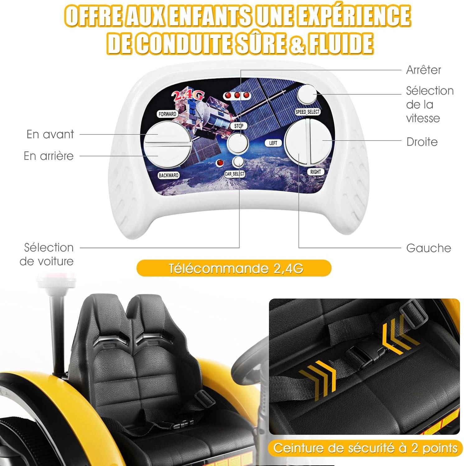 Tracteur Electrique 12V 7AH avec Remorque et Télécommande 2.4G(Jaune) - Image 3