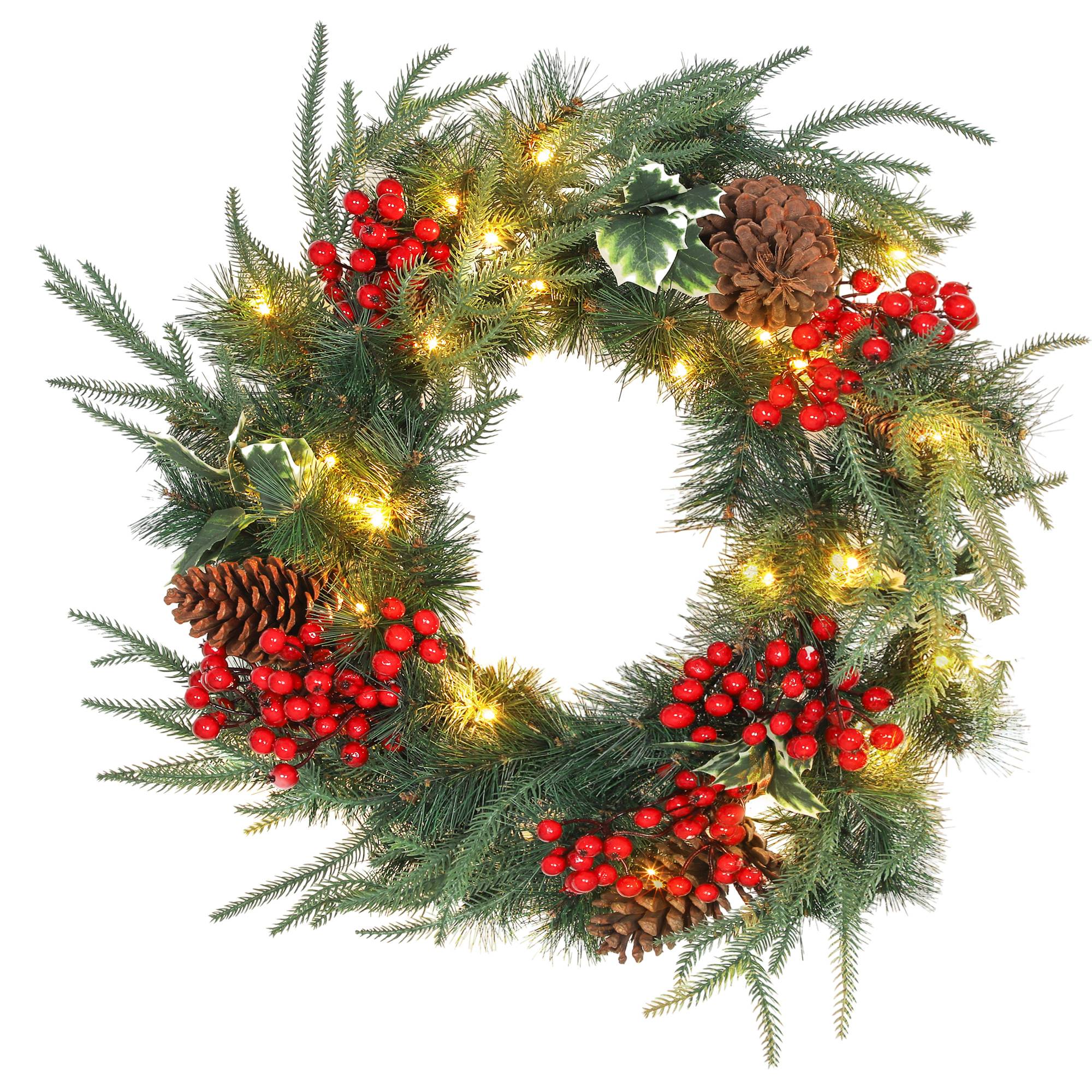 Couronne de Noël de 60 cm avec lumières LED blanches, minuterie, pommes de pin, baies et houx, verte - Image 2