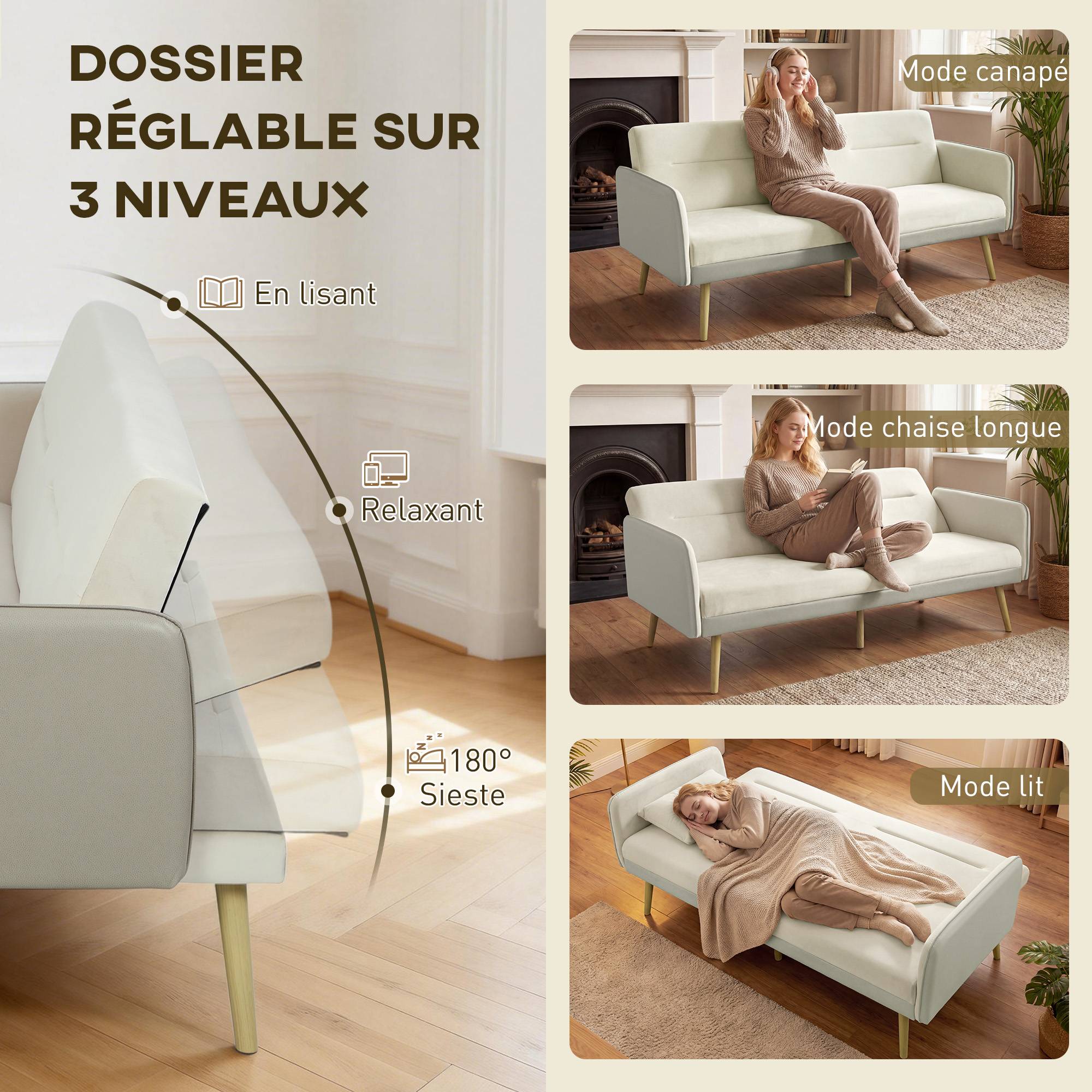 Canapé convertible 3 places 3 en 1, canapé-lit clic-clac, dossier réglable, assise rembourrée, 185 x 84 x 83 cm, beige - Image 7
