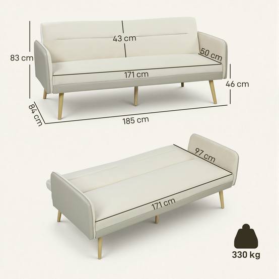 Canapé convertible 3 places 3 en 1, canapé-lit clic-clac, dossier réglable, assise rembourrée, 185 x 84 x 83 cm, beige - Image 5