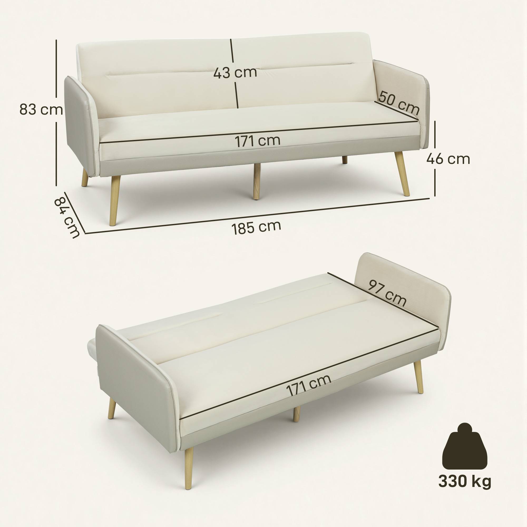 Canapé convertible 3 places 3 en 1, canapé-lit clic-clac, dossier réglable, assise rembourrée, 185 x 84 x 83 cm, beige - Image 5