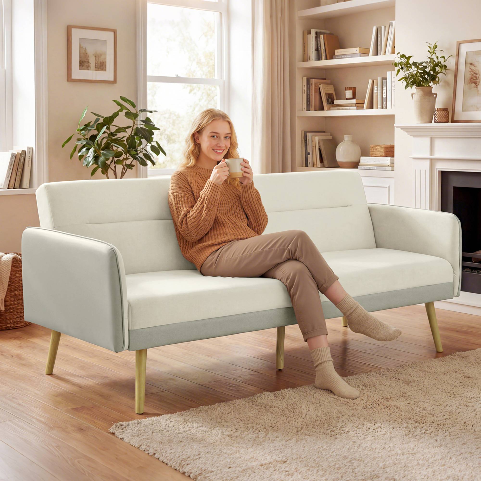 Canapé convertible 3 places 3 en 1, canapé-lit clic-clac, dossier réglable, assise rembourrée, 185 x 84 x 83 cm, beige - Image 3