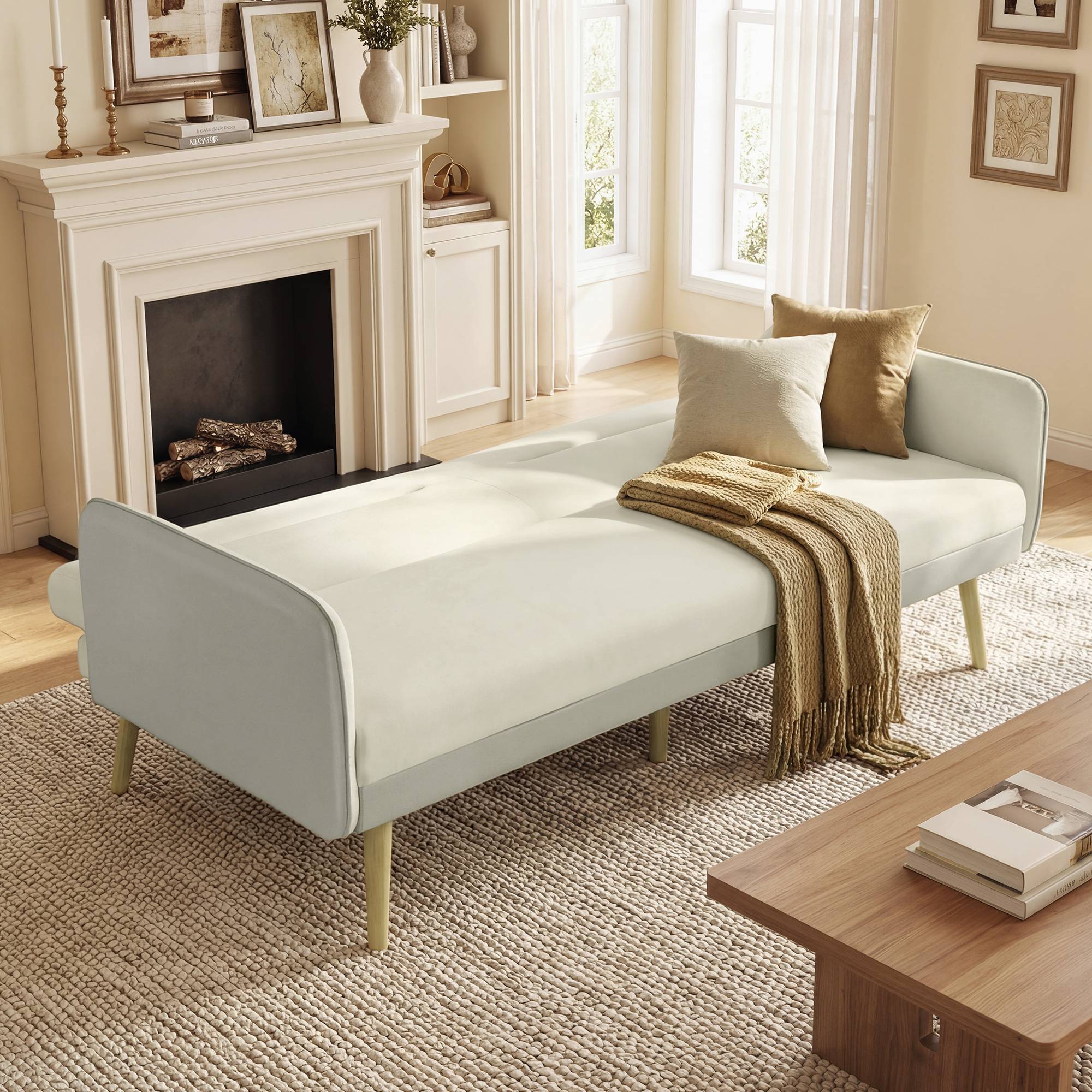 Canapé convertible 3 places 3 en 1, canapé-lit clic-clac, dossier réglable, assise rembourrée, 185 x 84 x 83 cm, beige - Image 4