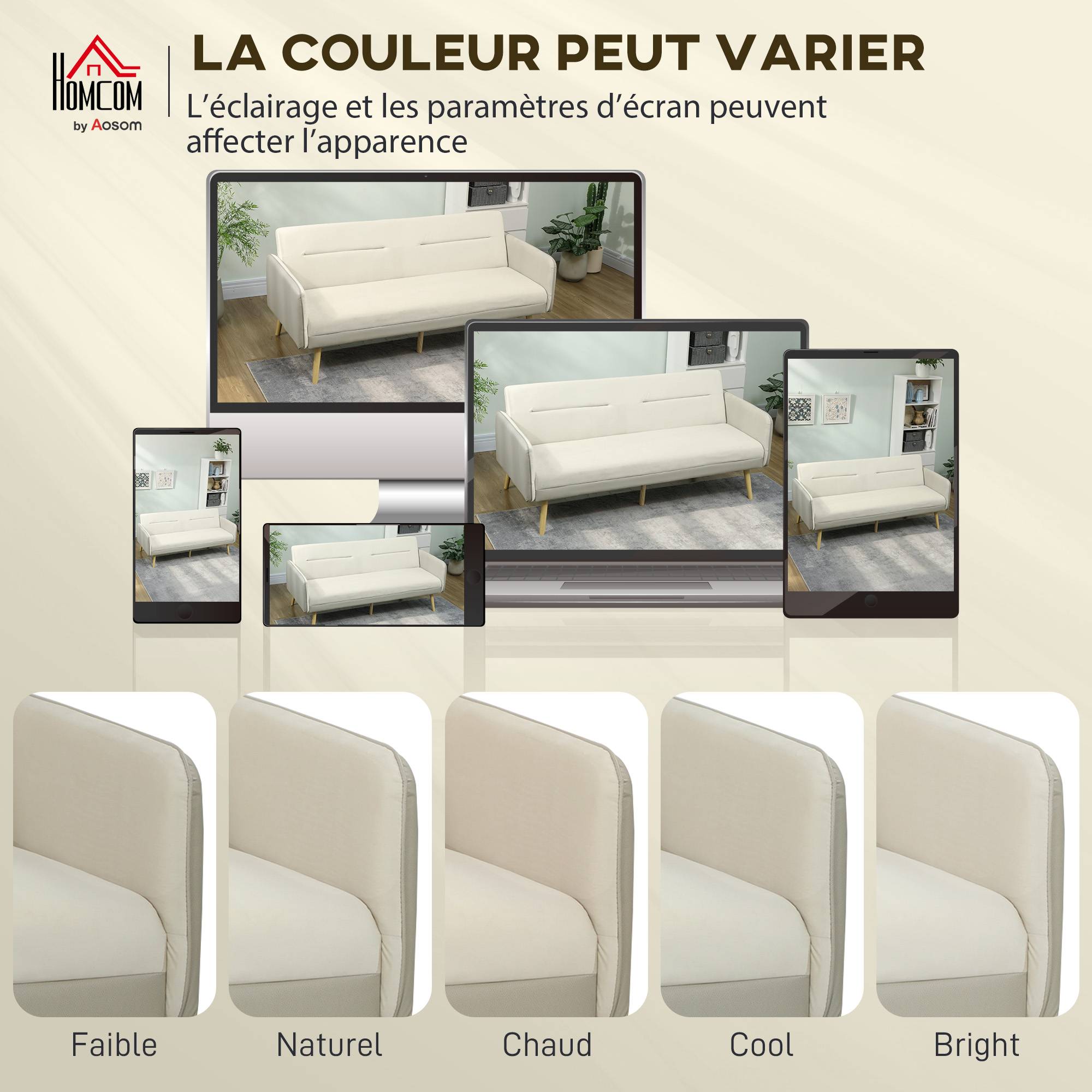 Canapé convertible 3 places 3 en 1, canapé-lit clic-clac, dossier réglable, assise rembourrée, 185 x 84 x 83 cm, beige - Image 10