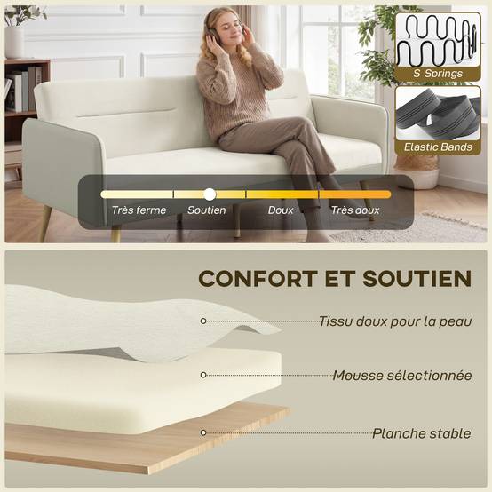 Canapé convertible 3 places 3 en 1, canapé-lit clic-clac, dossier réglable, assise rembourrée, 185 x 84 x 83 cm, beige - Image 8