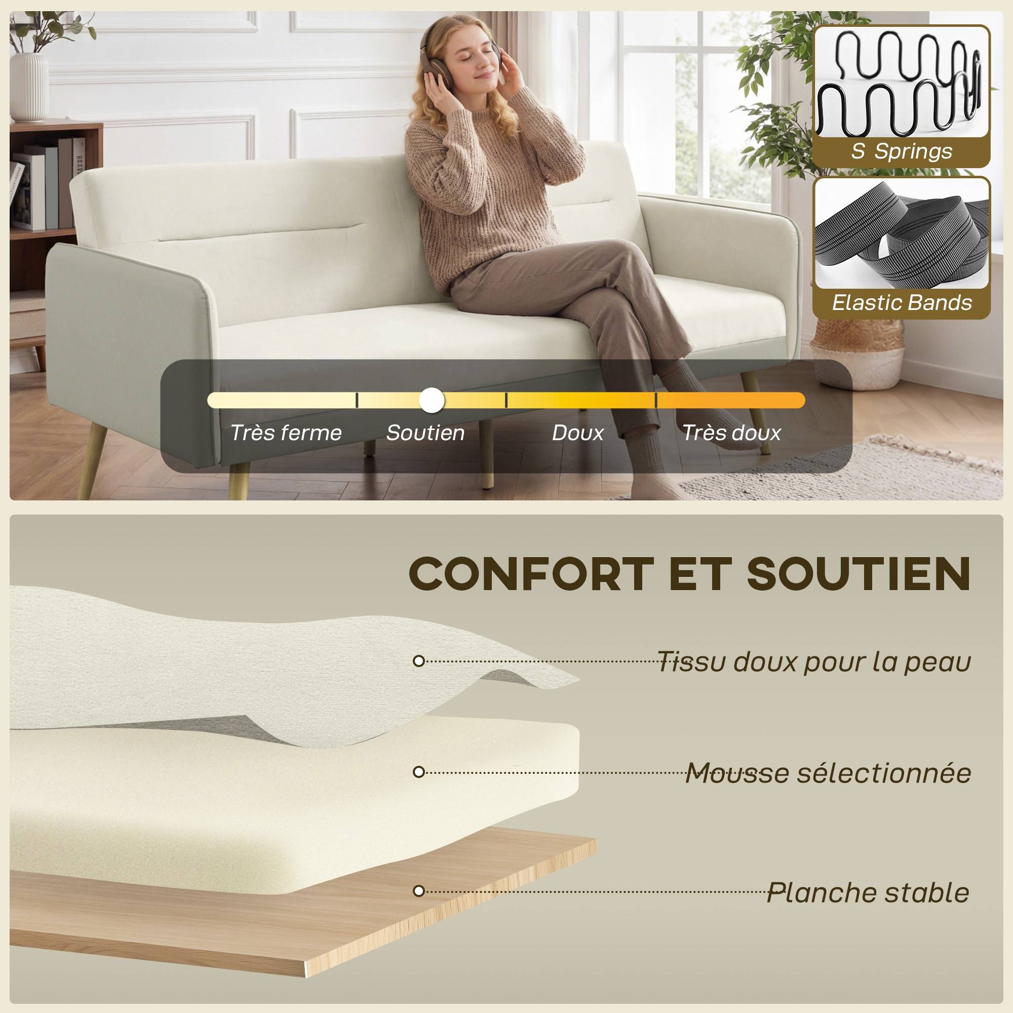 Canapé convertible 3 places 3 en 1, canapé-lit clic-clac, dossier réglable, assise rembourrée, 185 x 84 x 83 cm, beige - Image 8