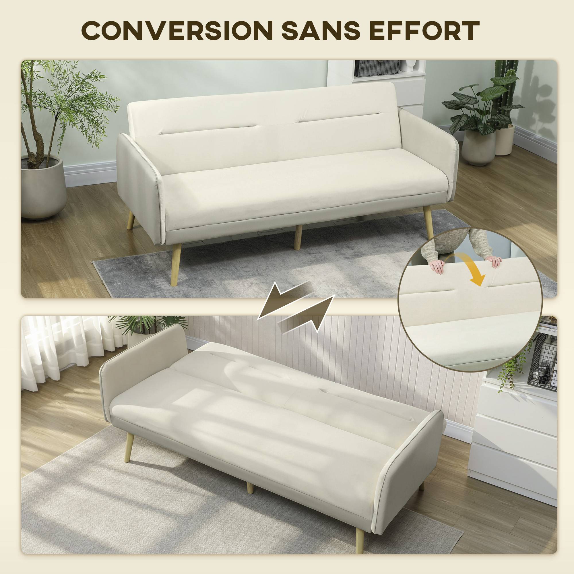 Canapé convertible 3 places 3 en 1, canapé-lit clic-clac, dossier réglable, assise rembourrée, 185 x 84 x 83 cm, beige - Image 6