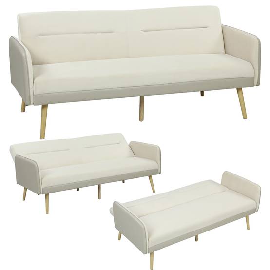 Canapé convertible 3 places 3 en 1, canapé-lit clic-clac, dossier réglable, assise rembourrée, 185 x 84 x 83 cm, beige - Image 1