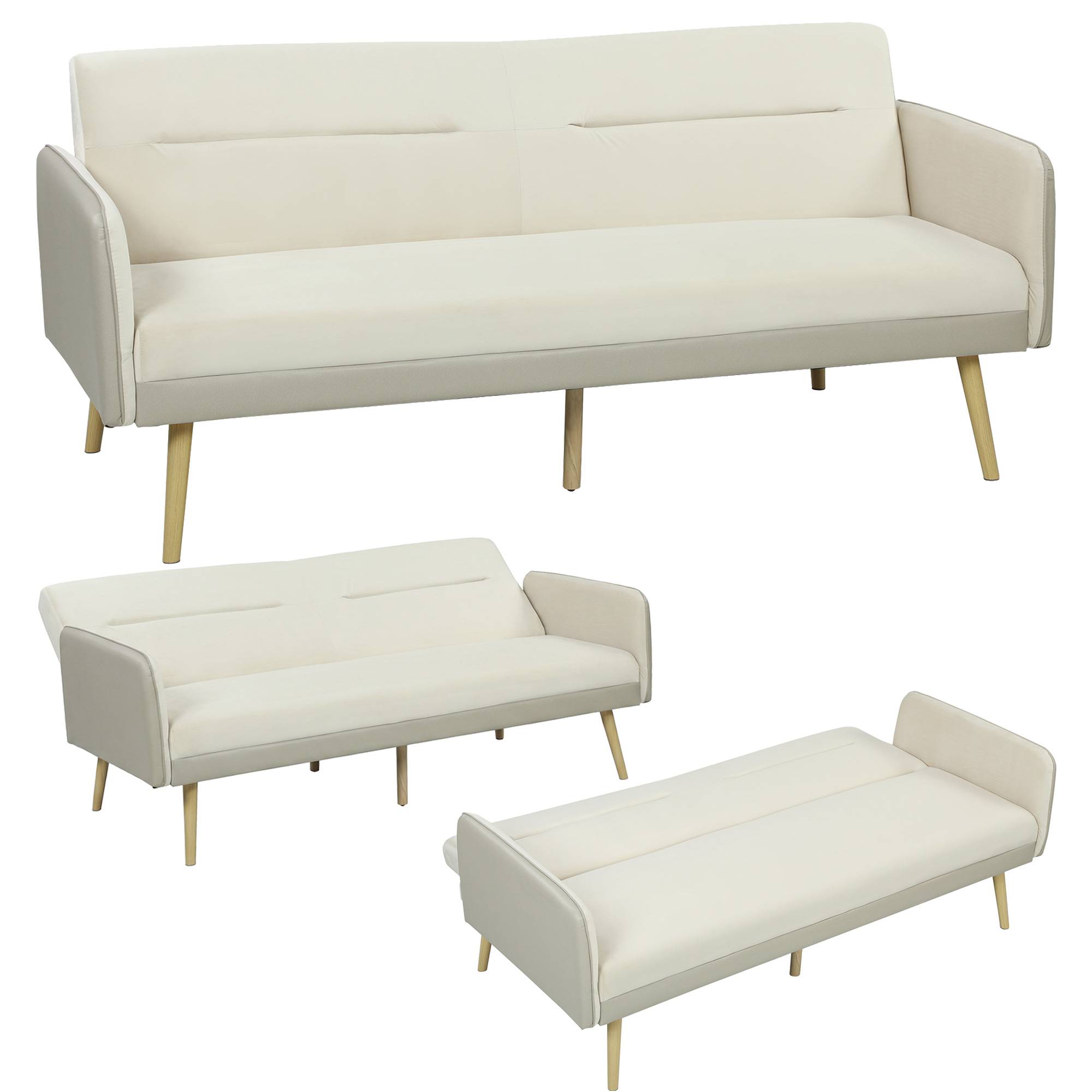 Canapé convertible 3 places 3 en 1, canapé-lit clic-clac, dossier réglable, assise rembourrée, 185 x 84 x 83 cm, beige - Image 1