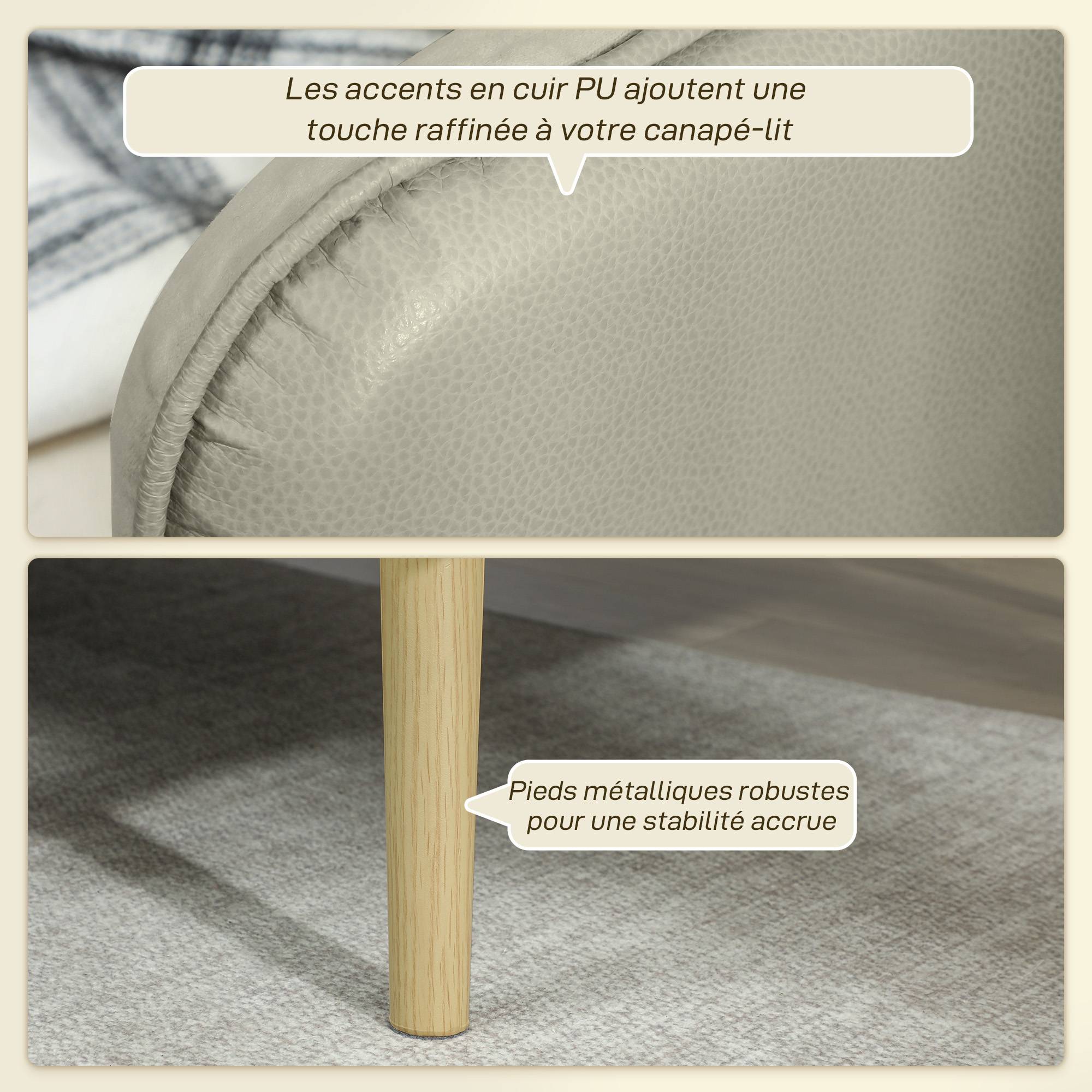 Canapé convertible 3 places 3 en 1, canapé-lit clic-clac, dossier réglable, assise rembourrée, 185 x 84 x 83 cm, beige - Image 9