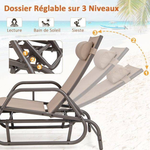 Helloshop26 - Bain de soleil design à glissement à dossier réglable 3 positions transat jardin extérieur cadre métal avec accoudoirs - Image 2