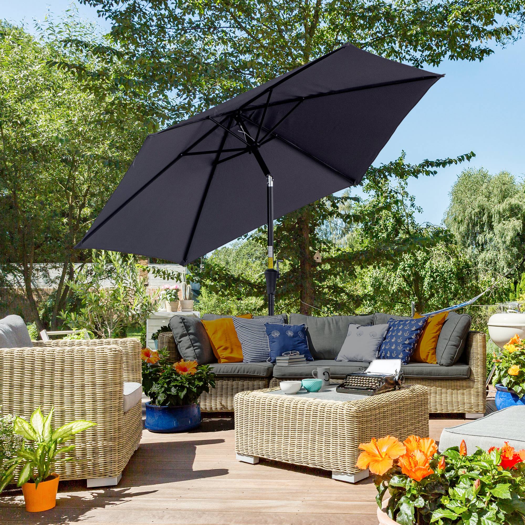 Parasol de jardin en aluminium gris, Ø 260 x 235 cm, inclinable, avec manivelle et 6 baleines métalliques, idéal pour terrasse et balcon. - Image 3