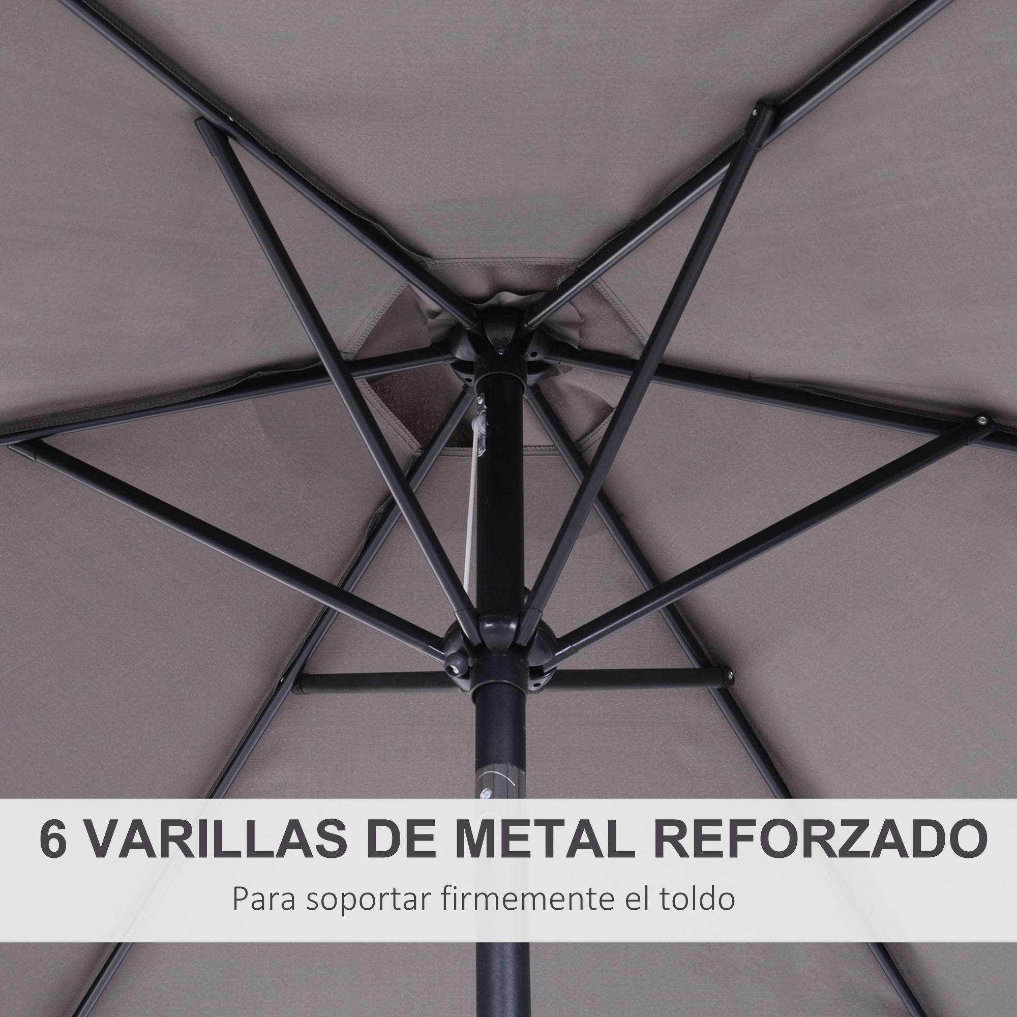 Parasol de jardin en aluminium gris, Ø 260 x 235 cm, inclinable, avec manivelle et 6 baleines métalliques, idéal pour terrasse et balcon. - Image 9