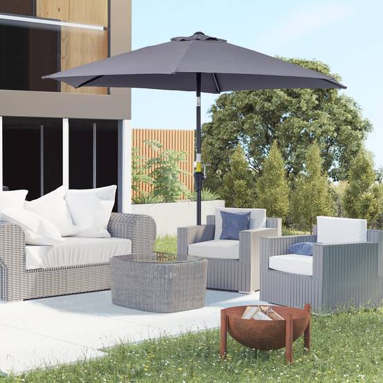 Parasol de jardin en aluminium gris, Ø 260 x 235 cm, inclinable, avec manivelle et 6 baleines métalliques, idéal pour terrasse et balcon. - Image 4