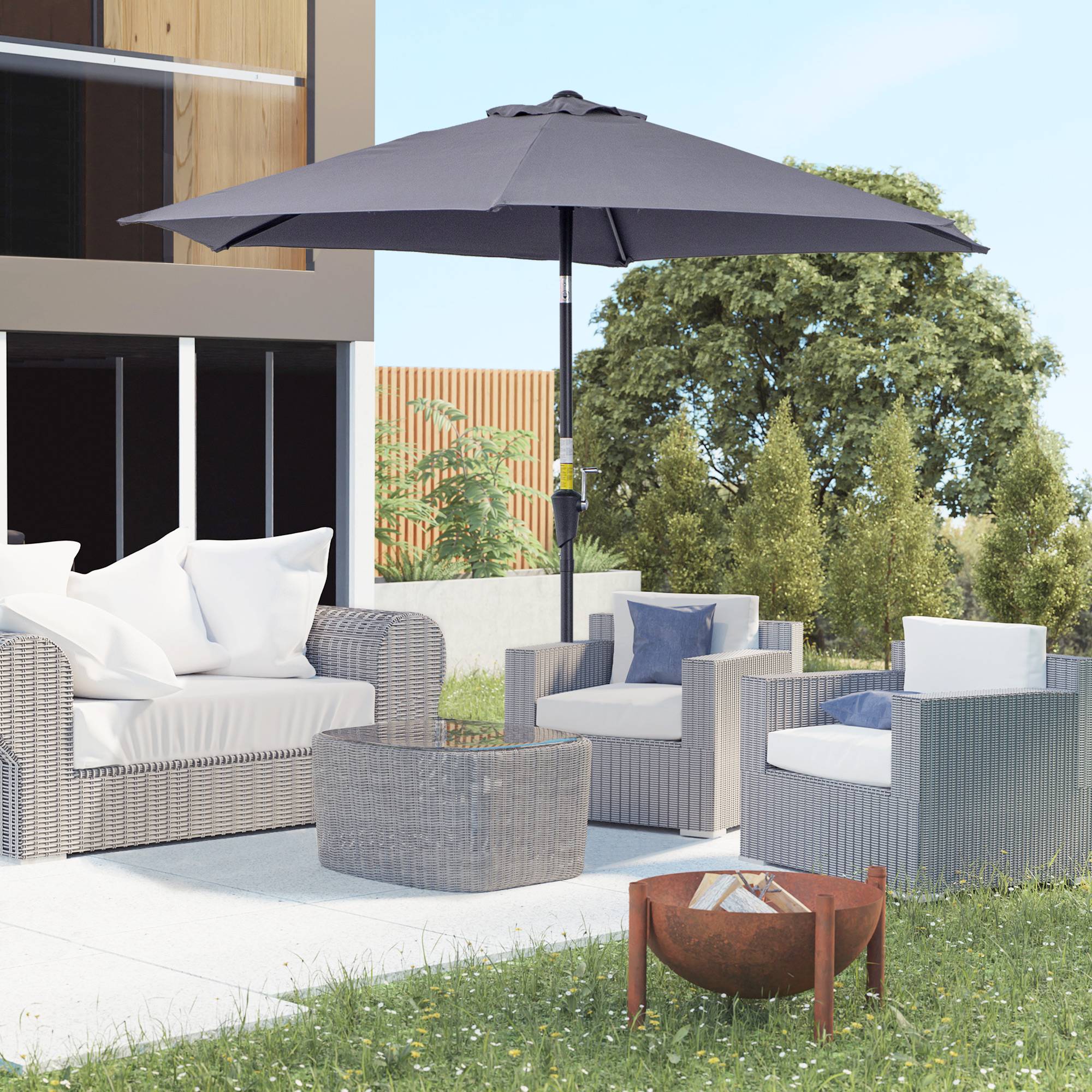 Parasol de jardin en aluminium gris, Ø 260 x 235 cm, inclinable, avec manivelle et 6 baleines métalliques, idéal pour terrasse et balcon. - Image 4