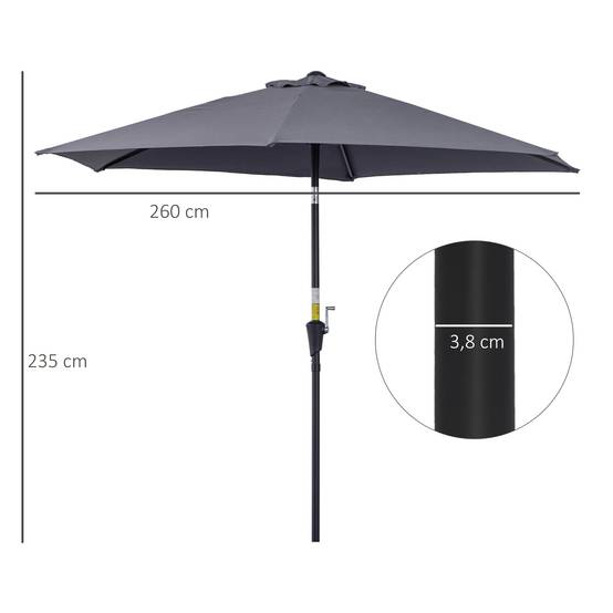 Parasol de jardin en aluminium gris, Ø 260 x 235 cm, inclinable, avec manivelle et 6 baleines métalliques, idéal pour terrasse et balcon. - Image 5