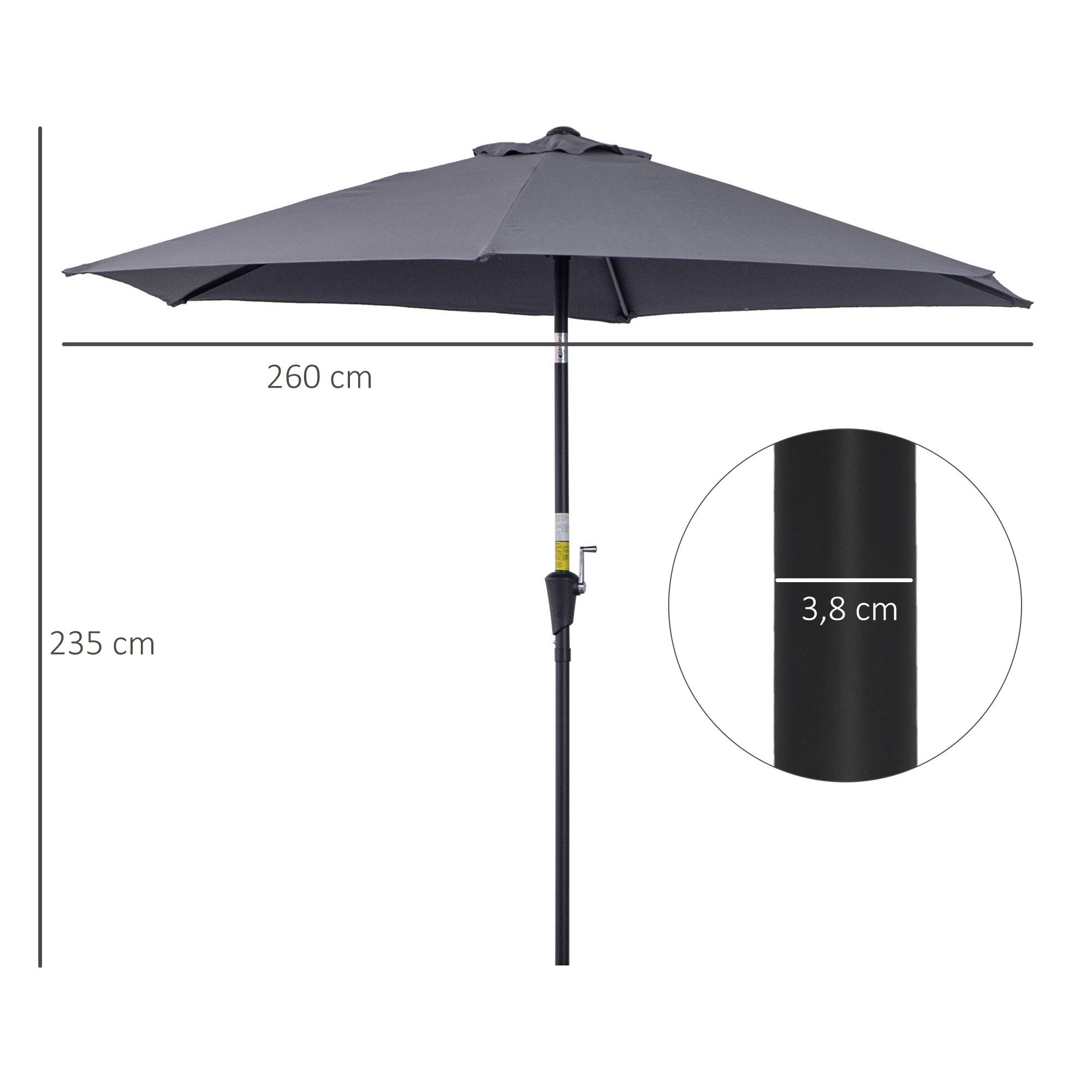 Parasol de jardin en aluminium gris, Ø 260 x 235 cm, inclinable, avec manivelle et 6 baleines métalliques, idéal pour terrasse et balcon. - Image 5