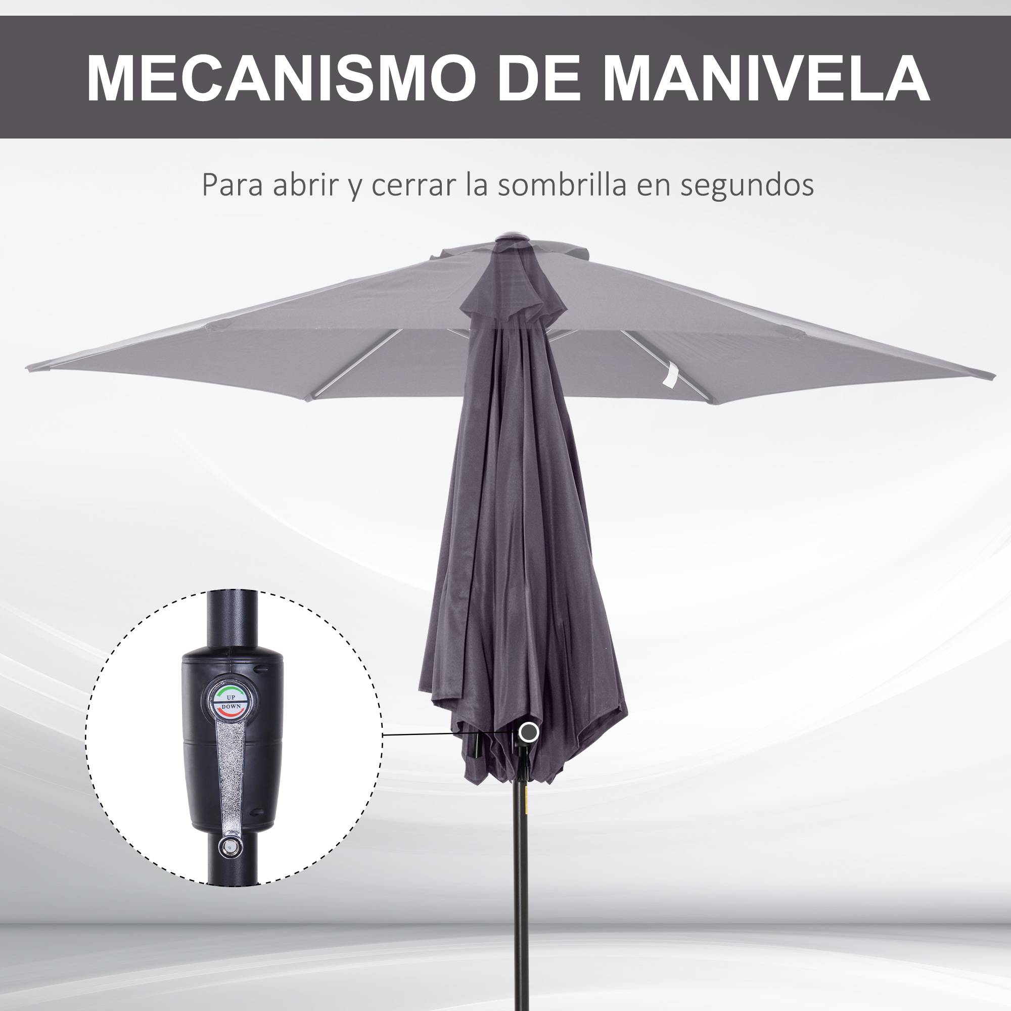 Parasol de jardin en aluminium gris, Ø 260 x 235 cm, inclinable, avec manivelle et 6 baleines métalliques, idéal pour terrasse et balcon. - Image 7