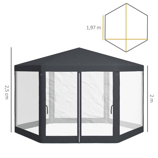 Tonnelle hexagonale polyester métal pour jardin avec moustiquaire 394x341cm gris foncé - ComfortXL Outdoor Living - Image 3