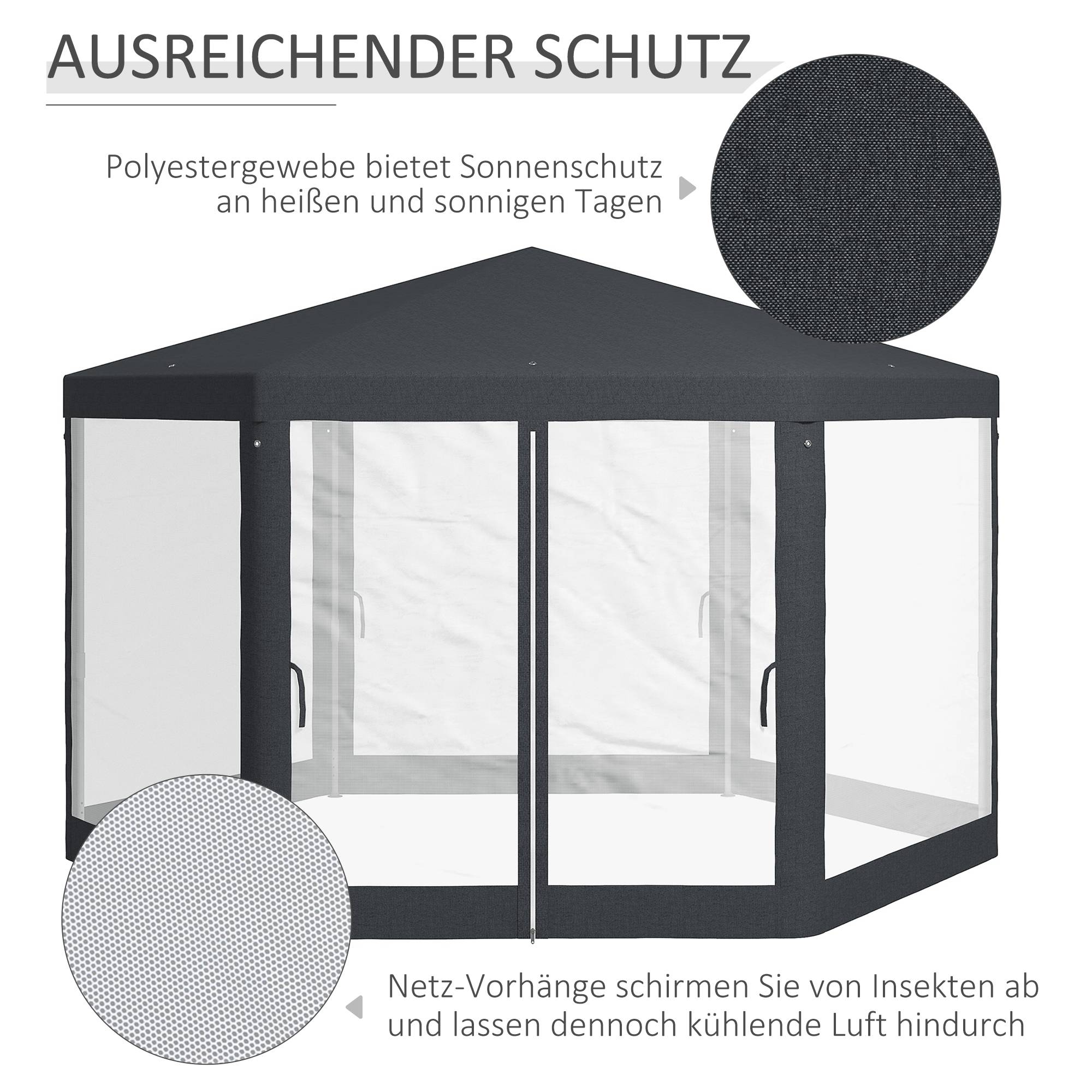 Tonnelle hexagonale polyester métal pour jardin avec moustiquaire 394x341cm gris foncé - ComfortXL Outdoor Living - Image 4