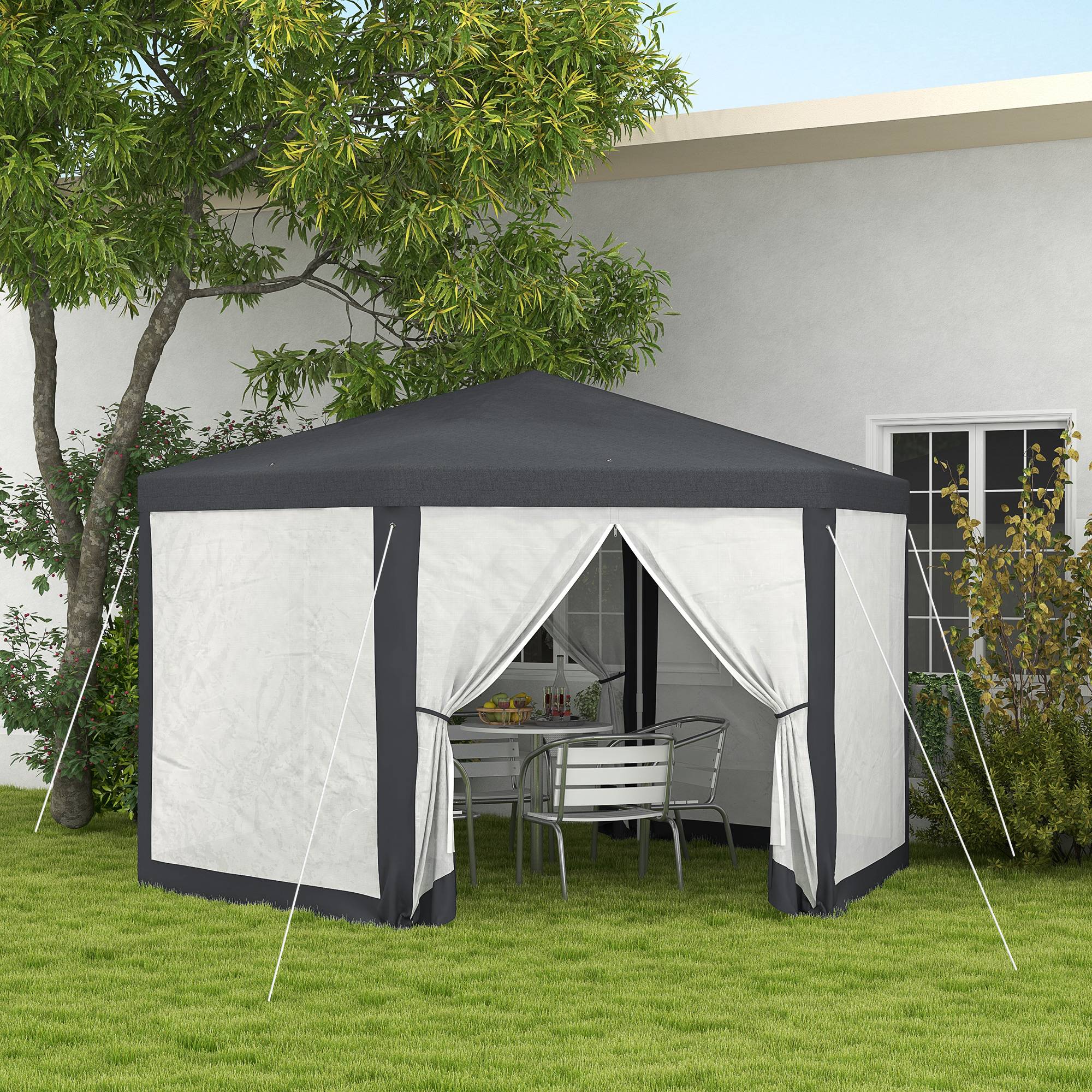 Tonnelle hexagonale polyester métal pour jardin avec moustiquaire 394x341cm gris foncé - ComfortXL Outdoor Living - Image 1