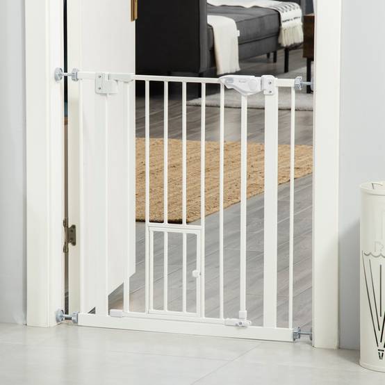 Barrière de sécurité extensible avec petite porte à fermeture automatique et double système de verrouillage 74-80 x 76,2 cm Blanc - Image 4