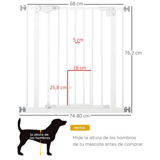 Barrière de sécurité extensible avec petite porte à fermeture automatique et double système de verrouillage 74-80 x 76,2 cm Blanc - Image 5