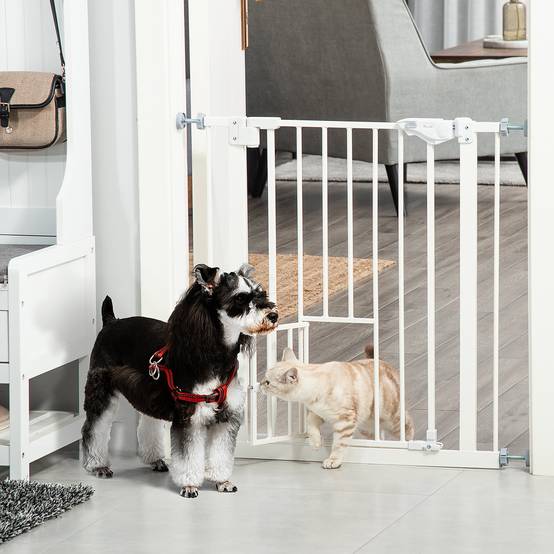 Barrière de sécurité extensible avec petite porte à fermeture automatique et double système de verrouillage 74-80 x 76,2 cm Blanc - Image 3