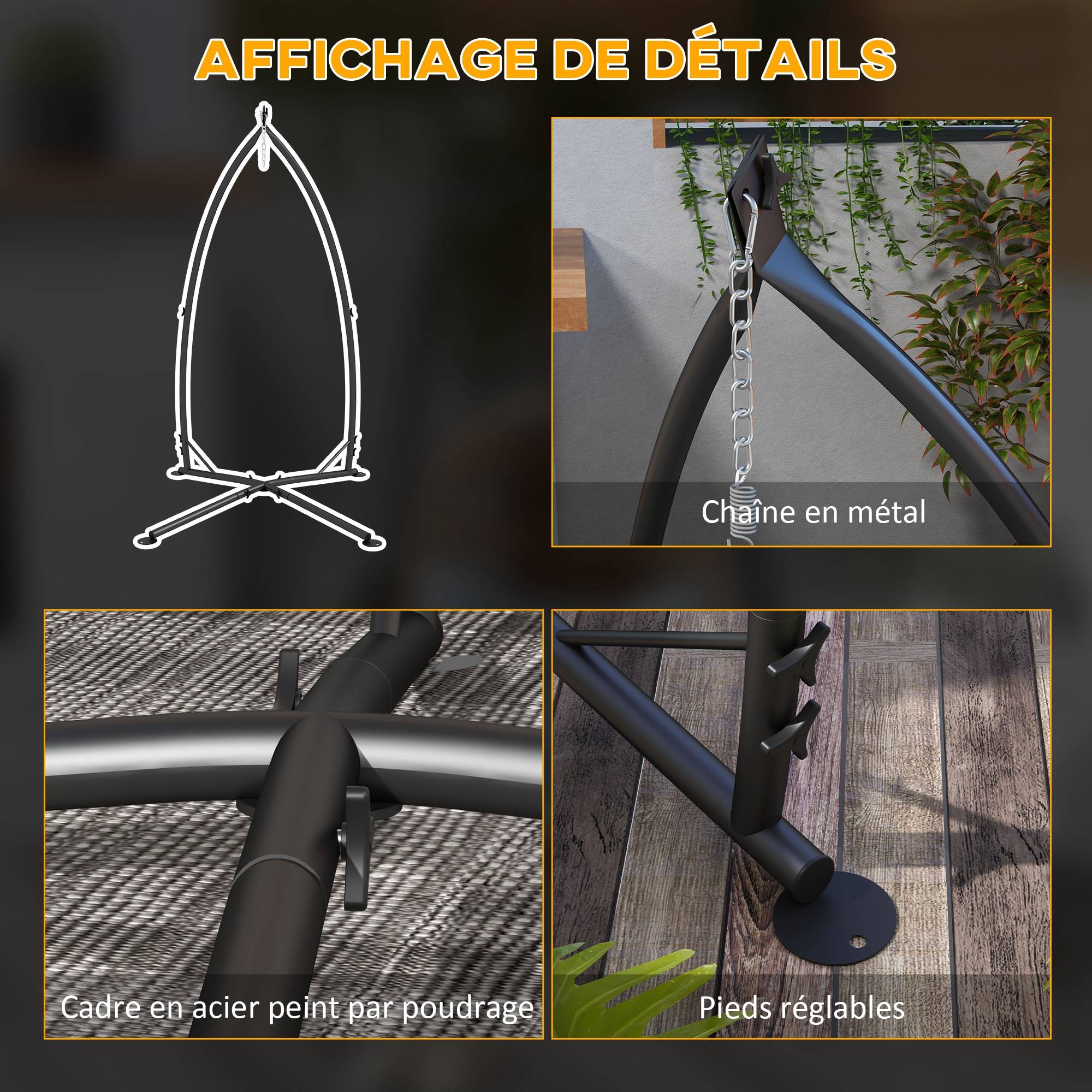 Support pour Fauteuil Suspendu - Pied Fauteuil Suspendu, hauteur 215 cm - Charge Max. recommandée 130 Kg, métal noir - Image 9