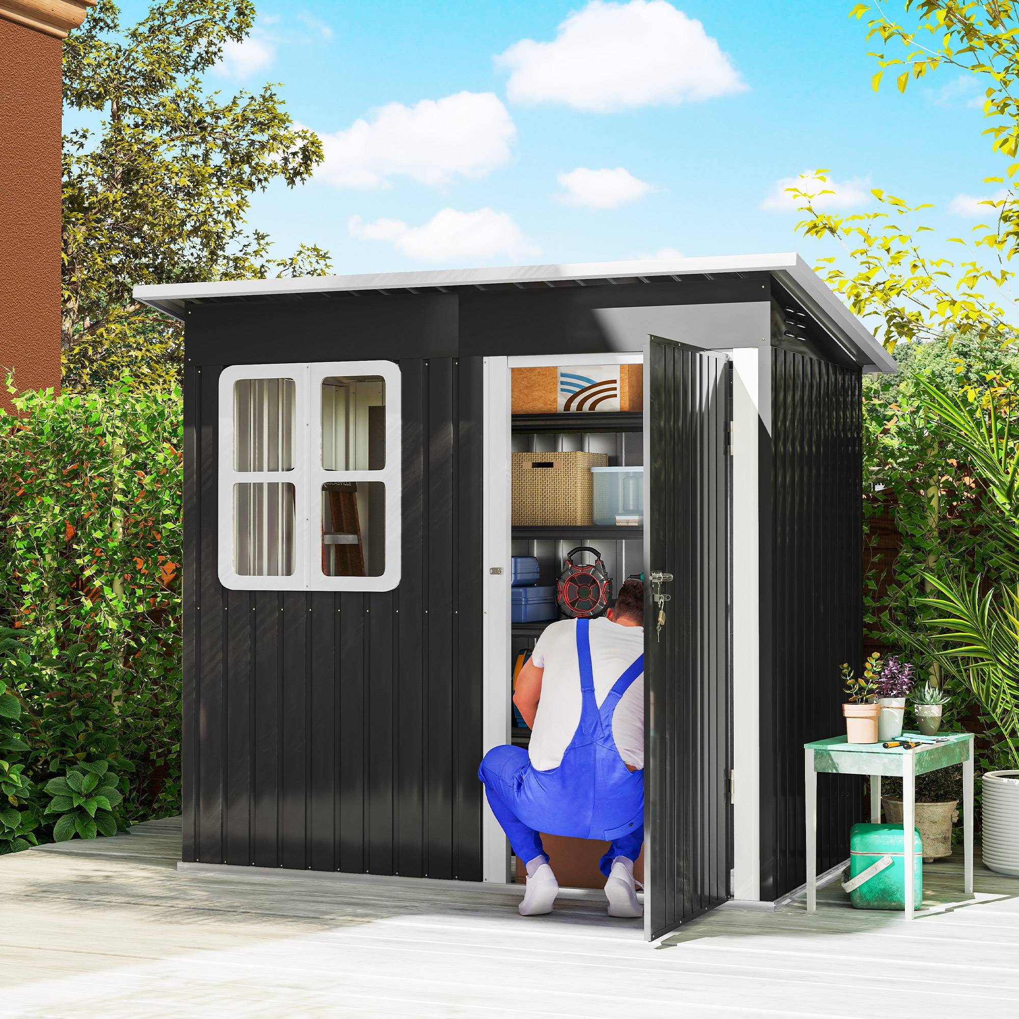 Abri de jardin en acier avec porte verrouillable, fenêtre et aérations, 2,2x1,3m, gris - Image 3