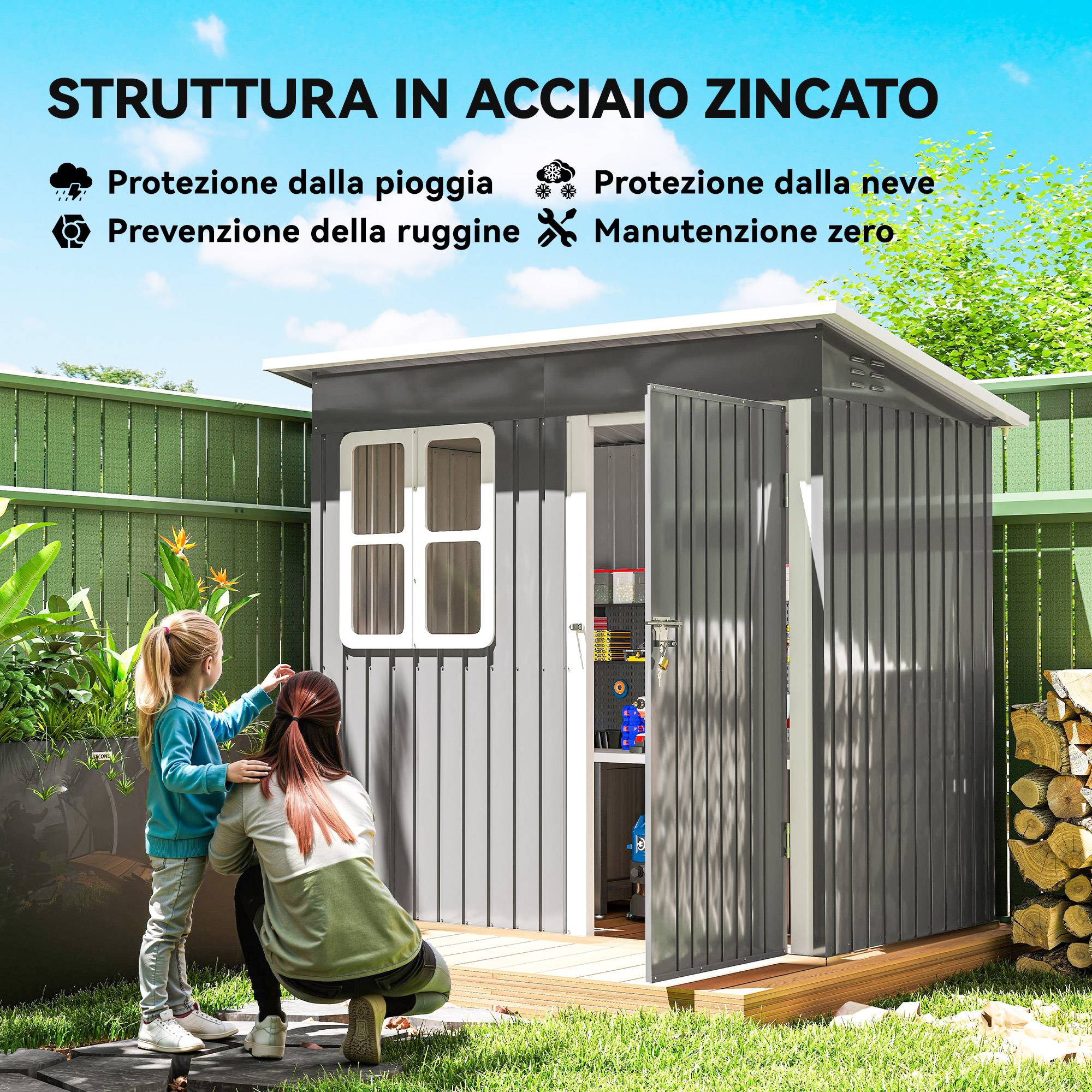 Abri de jardin en acier avec porte verrouillable, fenêtre et aérations, 2,2x1,3m, gris - Image 6
