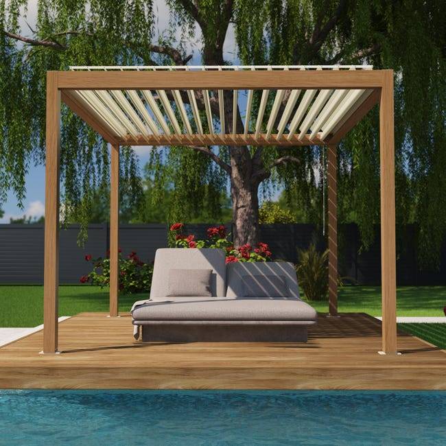 Pergola Bioclimatique Aluminium Autoportante Aspect Bois 3x3 Manuelle S ORIAL France - Image 4