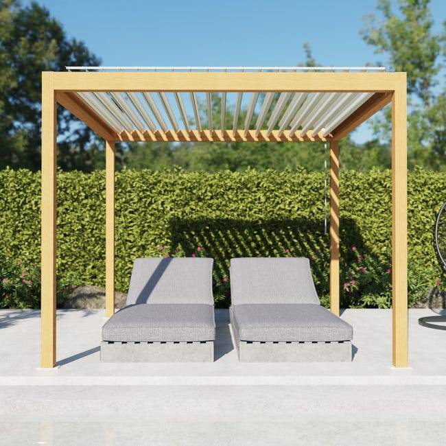 Pergola Bioclimatique Aluminium Autoportante Aspect Bois 3x3 Manuelle S ORIAL France - Image 1