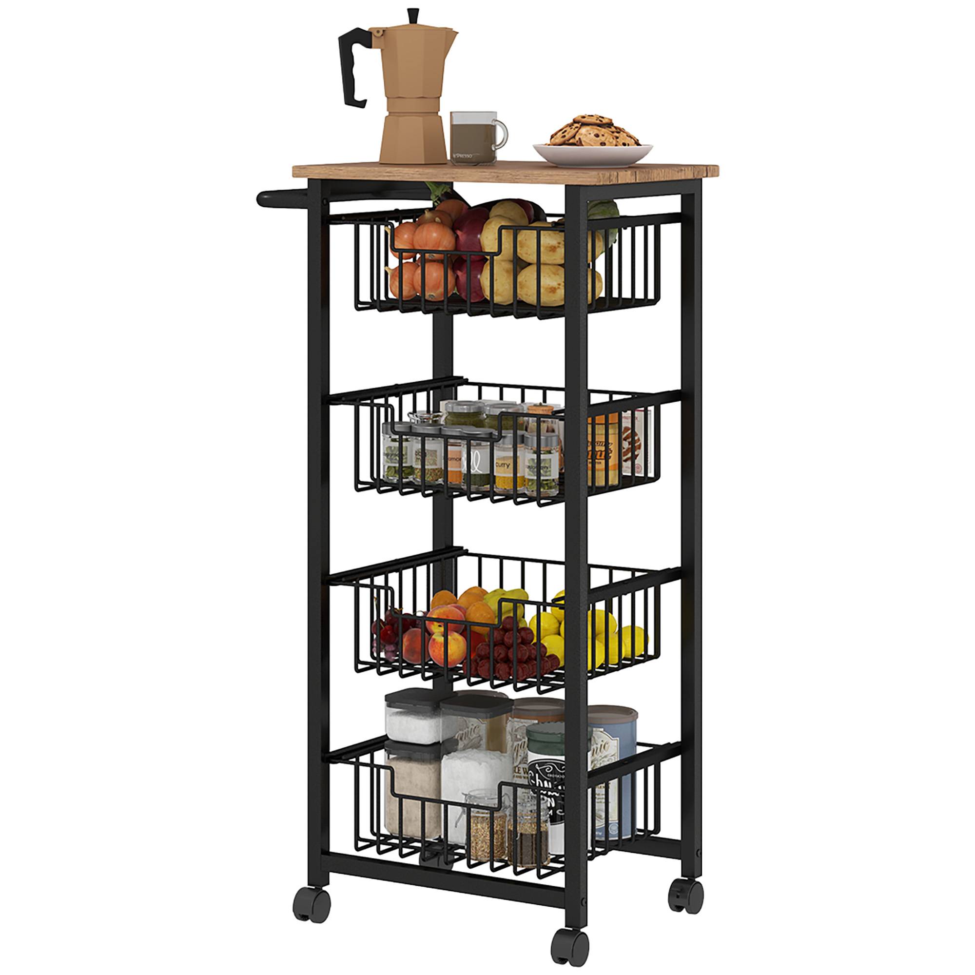 Sans Marque - Chariot légumes cuisine 4 paniers coulissants structure acier 49,5x31x91 cm Chêne - Image 2