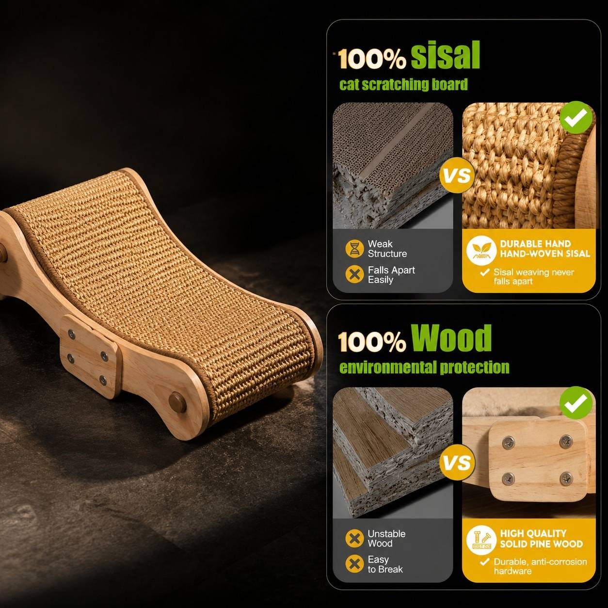 Lit de Chat Griffoir en Sisal et Bois Massif Design Ergonomique 3 en 1 pour Dormir et Griffer - Image 3