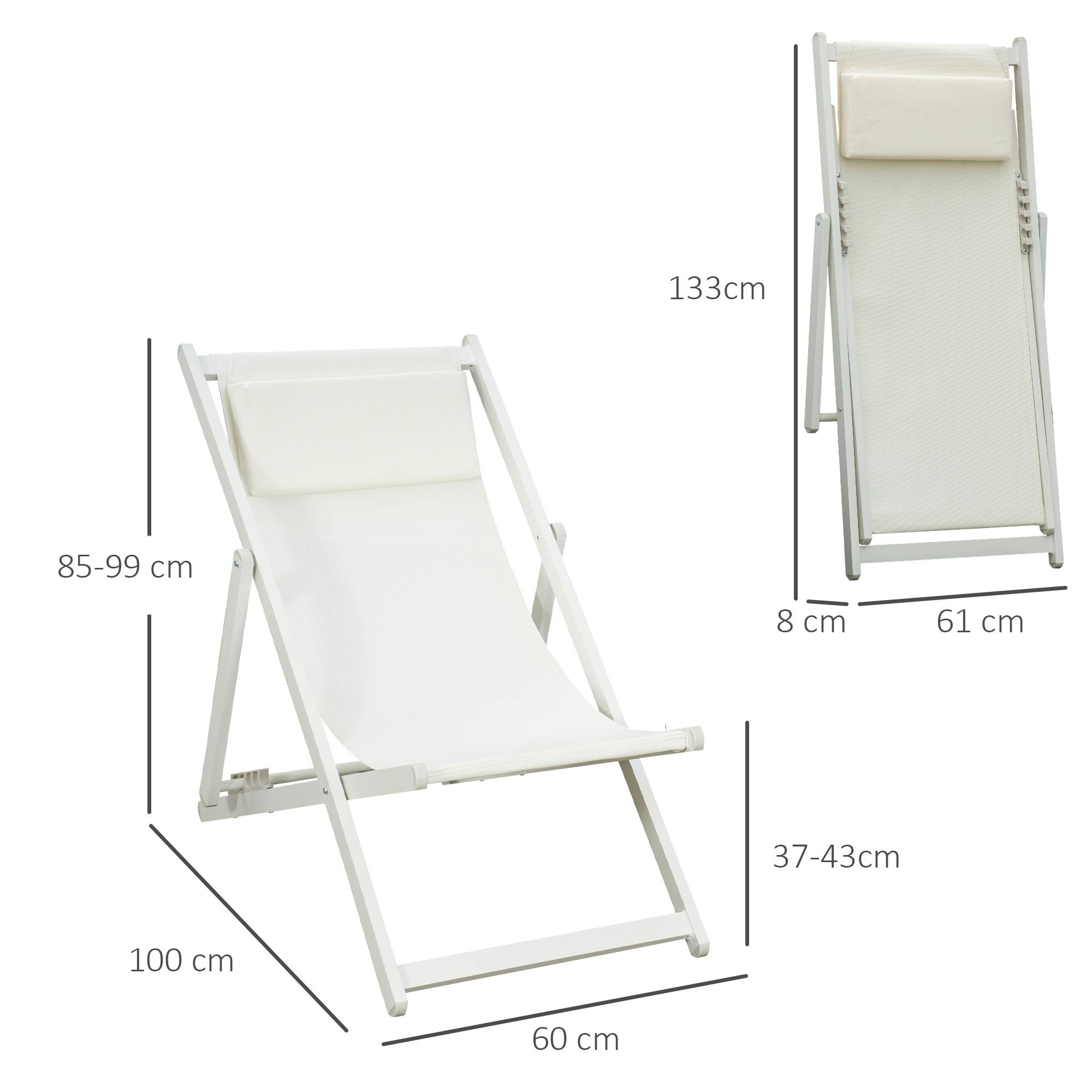 Lot de 2 transats aluminium pliables, dossier 5 positions, appui-tête, 60x100x85 cm, blanc - Image 5