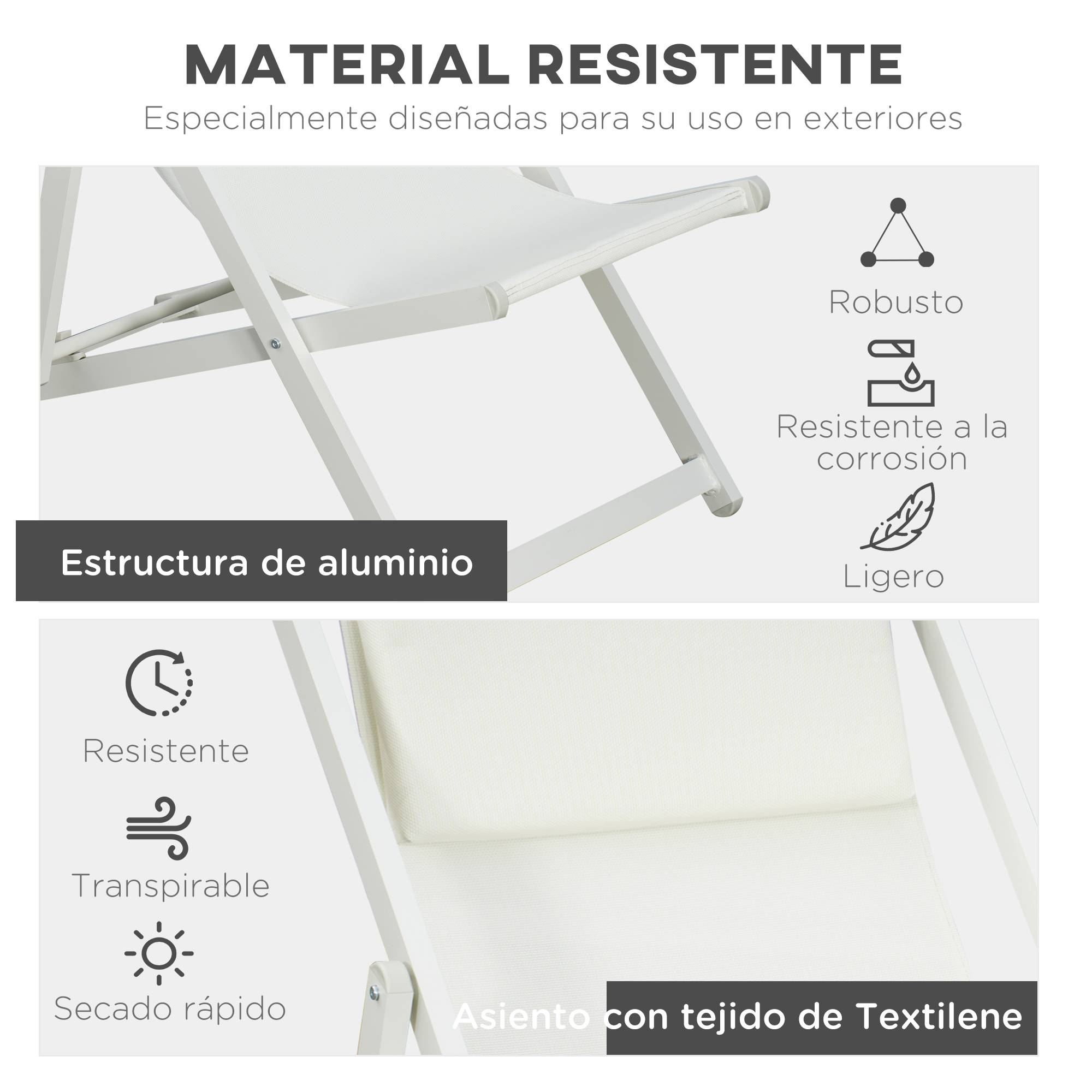 Lot de 2 transats aluminium pliables, dossier 5 positions, appui-tête, 60x100x85 cm, blanc - Image 8