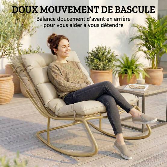 Rocking chair jardin acier textilène balcon terrasse coussin moelleux 113x70x76cm beige kaki - ComfortXL Outdoor Living - Image 6