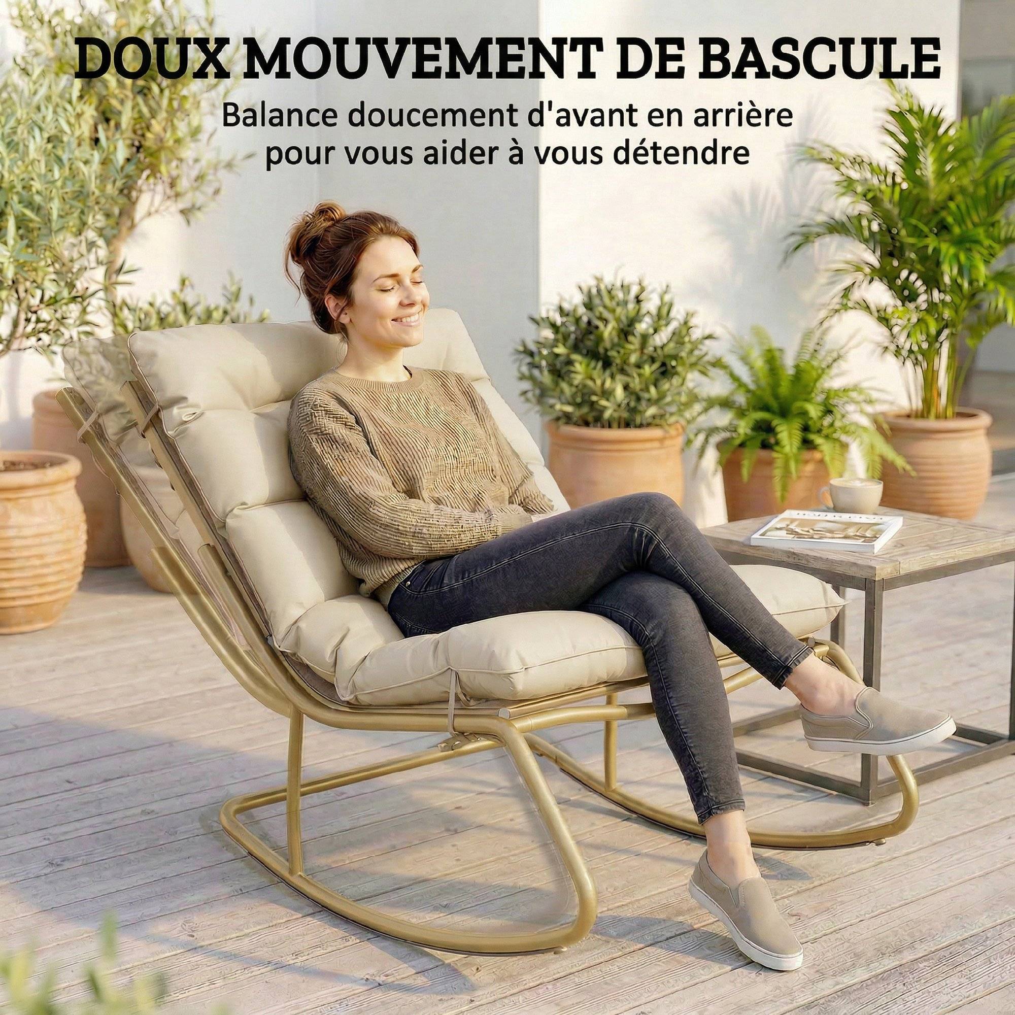 Rocking chair jardin acier textilène balcon terrasse coussin moelleux 113x70x76cm beige kaki - ComfortXL Outdoor Living - Image 6