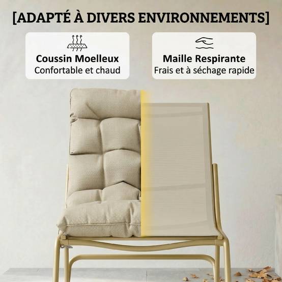 Rocking chair jardin acier textilène balcon terrasse coussin moelleux 113x70x76cm beige kaki - ComfortXL Outdoor Living - Image 8