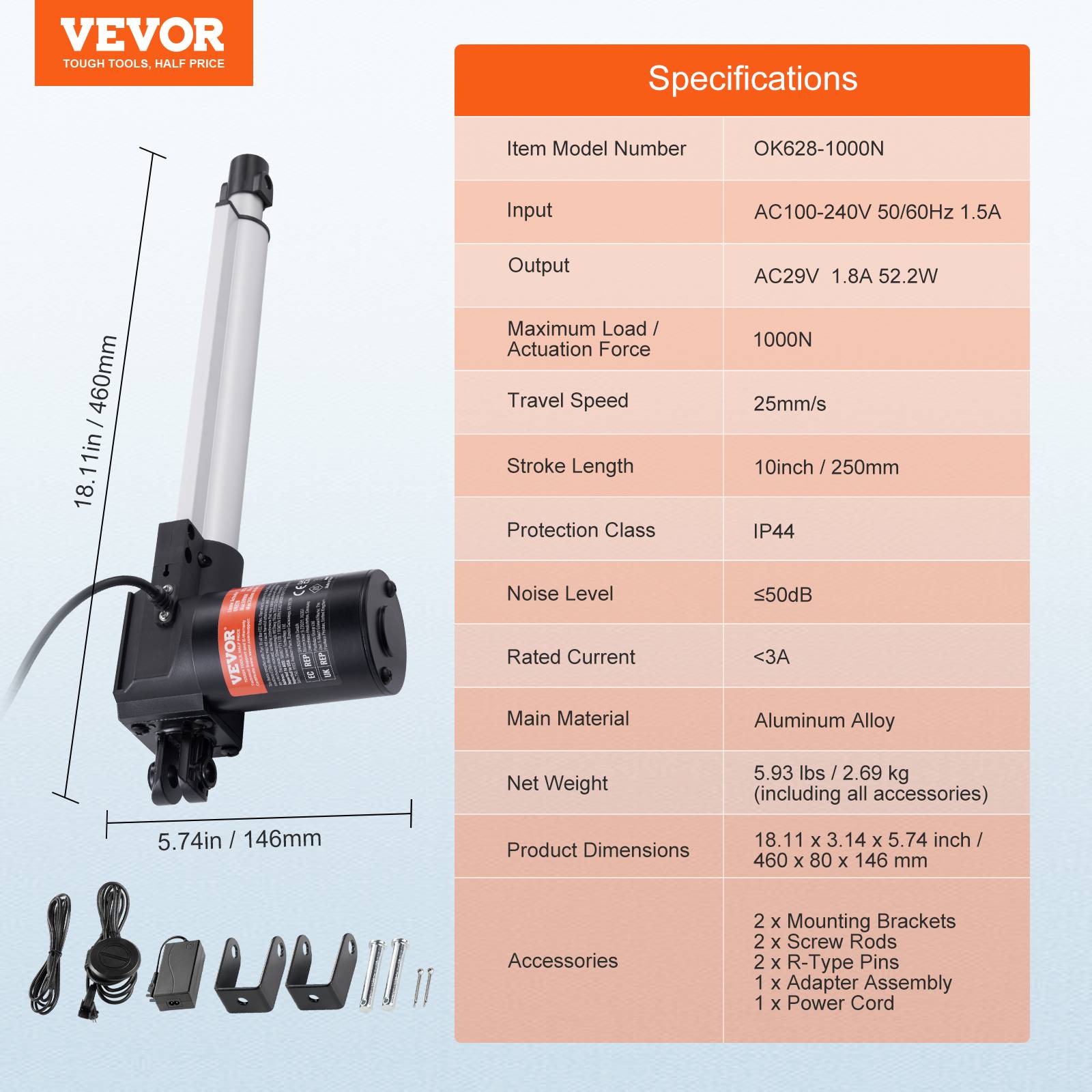 VEVOR Kit actionneur linéaire 250mm 24V, 25mm/s, 1000N, levage TV/table/canapé, IP44, adaptateur. - Image 7