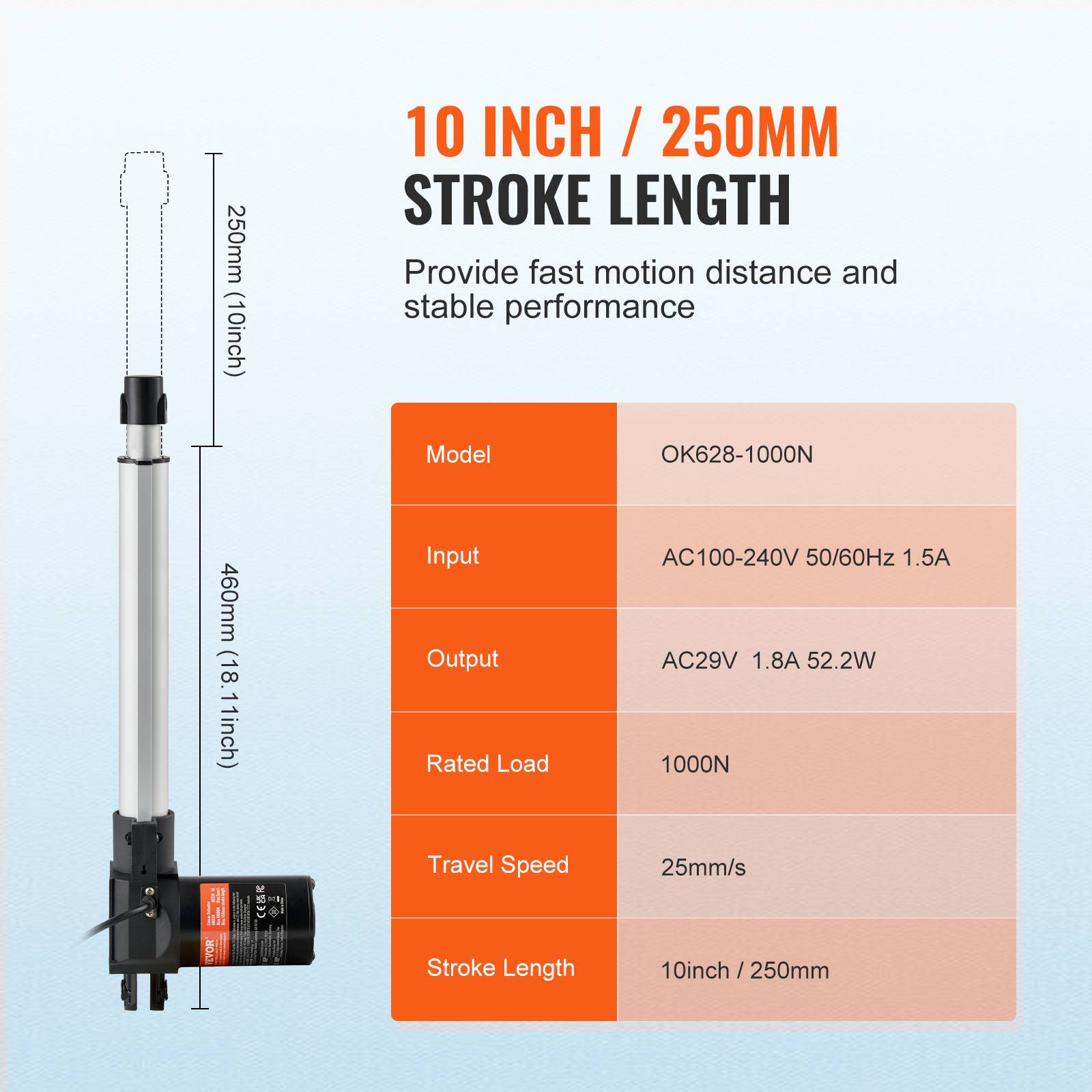 VEVOR Kit actionneur linéaire 250mm 24V, 25mm/s, 1000N, levage TV/table/canapé, IP44, adaptateur. - Image 3