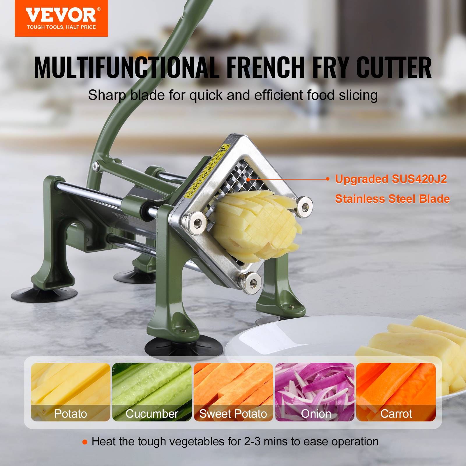 VEVOR Coupe-frites manuel, lames 1/2 et 3/8 po, ventouses. Pommes de terre. - Image 2