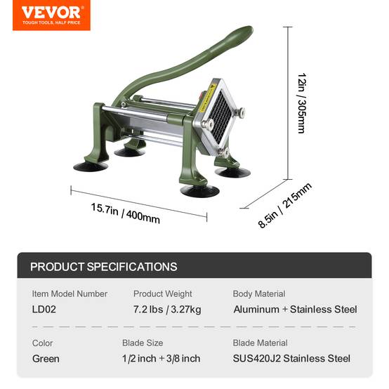 VEVOR Coupe-frites manuel, lames 1/2 et 3/8 po, ventouses. Pommes de terre. - Image 7