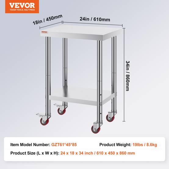 Vevor - VEVOR Table de travail cuisine inox 61x46x86 cm, roulettes freins, charge 100 kg, pour hôtels/restaurants - Image 7