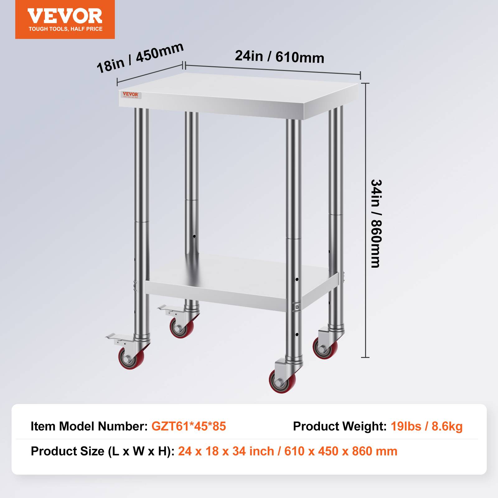 Vevor - VEVOR Table de travail cuisine inox 61x46x86 cm, roulettes freins, charge 100 kg, pour hôtels/restaurants - Image 7