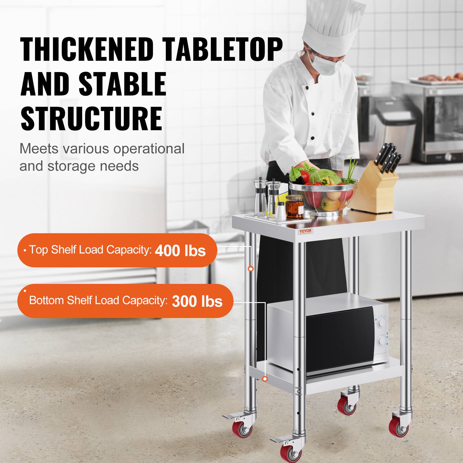 Vevor - VEVOR Table de travail cuisine inox 61x46x86 cm, roulettes freins, charge 100 kg, pour hôtels/restaurants - Image 3