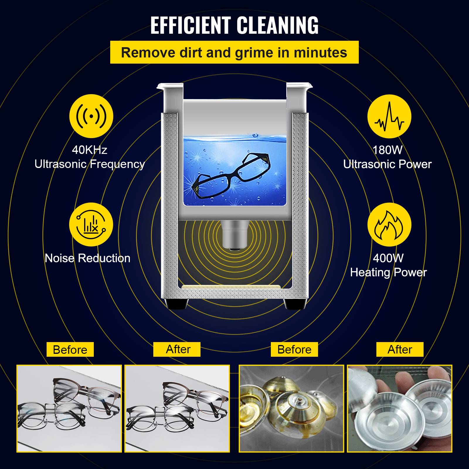 VEVOR Nettoyeur ultrasons numérique 6L, chauffage 400W, ultrason 180W, minuterie, en inox, pour bijoux, lunettes. - Image 3
